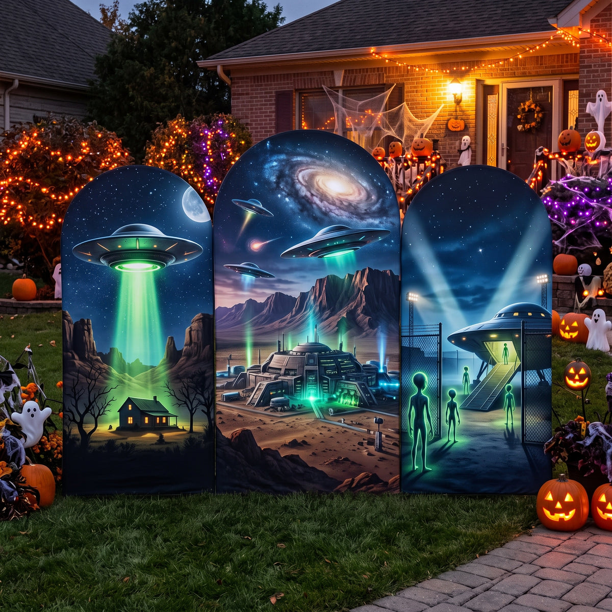 7.2ft Alien Invasion / Area 51 Theme Halloween Arch Fabric Backdrop Cover - Multi-Panel Event Backdrop Decor Prop