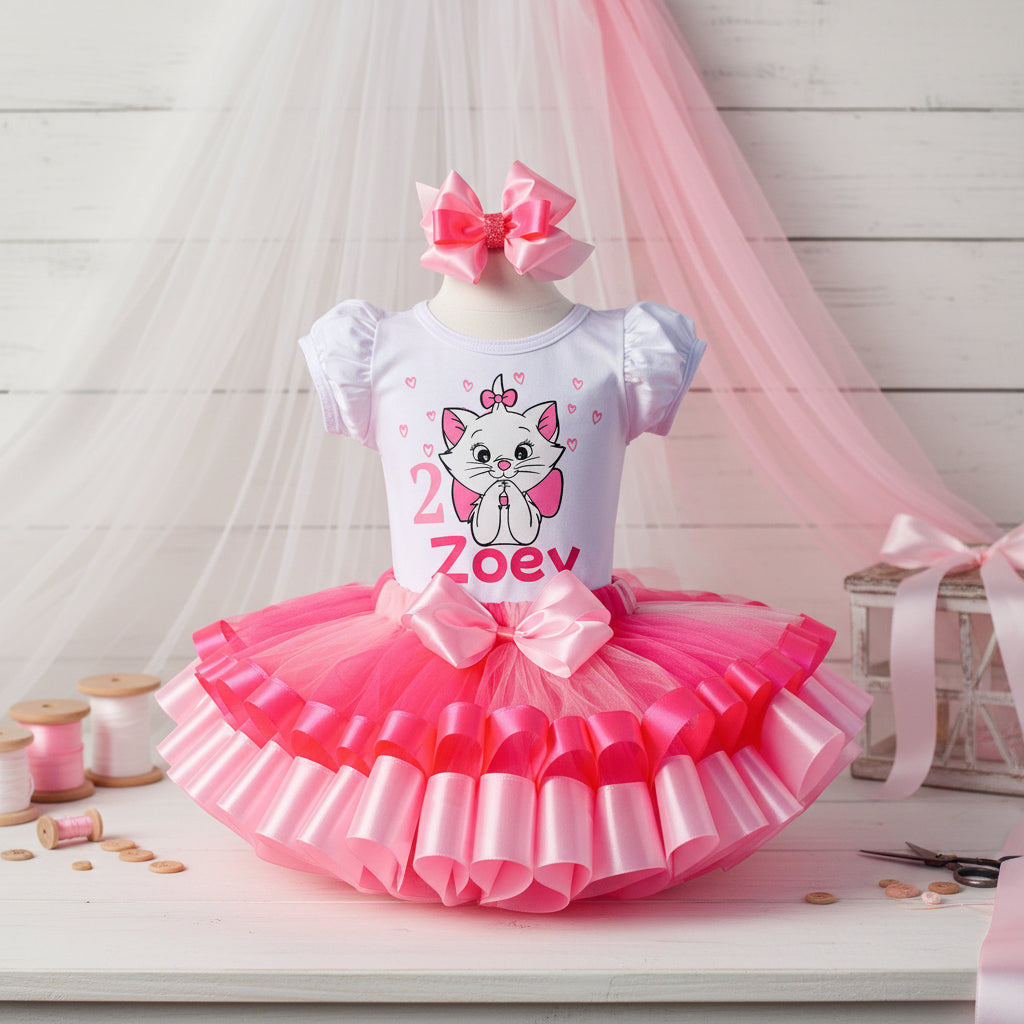 Marie Aristocats Kitty Tutu Set Girls Personalized Custom Pink Hot Pink Ribbon Sewn Trim Tutu Outfit Dress Theme Cake Smash Birthday Party