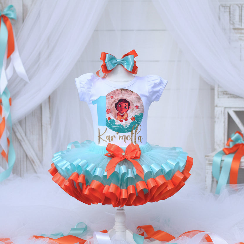 Baby Princess Moana Ocean Tutu Set Girls Personalized Custom Blue Orange Ribbon Sewn Trim Tutu Outfit Dress Theme Cake Smash Birthday Party