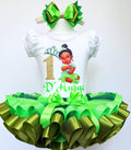 Baby Princess Tiana Tutu Set Girls Personalized Custom Green Gold Ribbon Sewn Trim Tutu Outfit Dress Theme Cake Smash Birthday Party