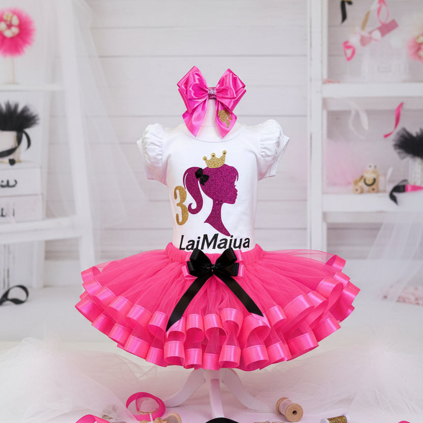 Barbie Pink Silhouette Glitter Tutu Set Girls Personalized Custom Pink Ribbon Sewn Trim Tutu Outfit Dress Theme Cake Smash Birthday Party