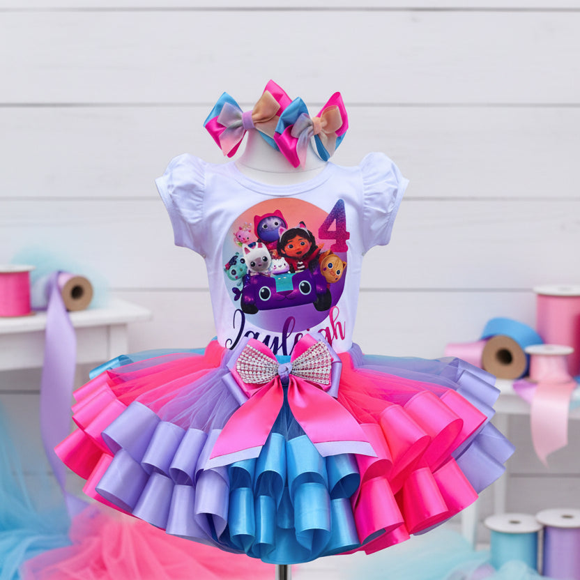 Gabby's Dollhouse Kitties Car Tutu Set Girls Personalized Custom Pink Purple Blue Ribbon Sewn Trim Tutu Outfit Dress Theme Cake Smash Birthday Party