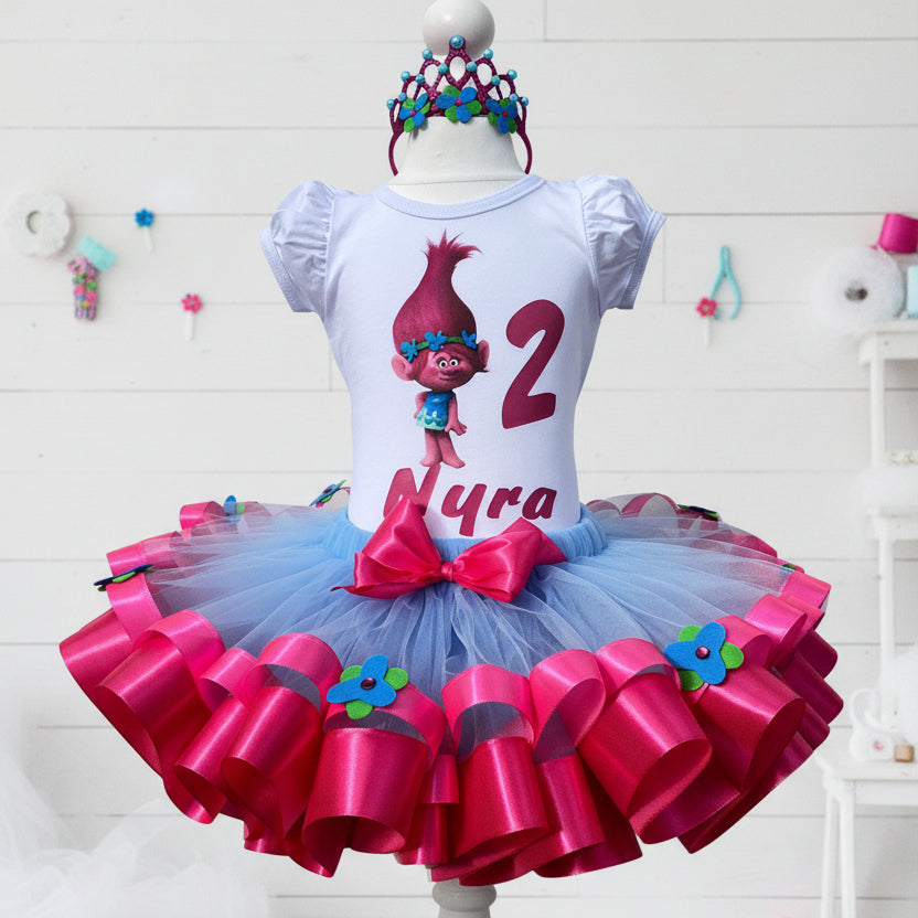 Poppy Troll Tutu Set Girls Personalized Custom Pink Blue Flower Ribbon Sewn Trim Tutu Outfit Dress Theme Cake Smash Birthday Party