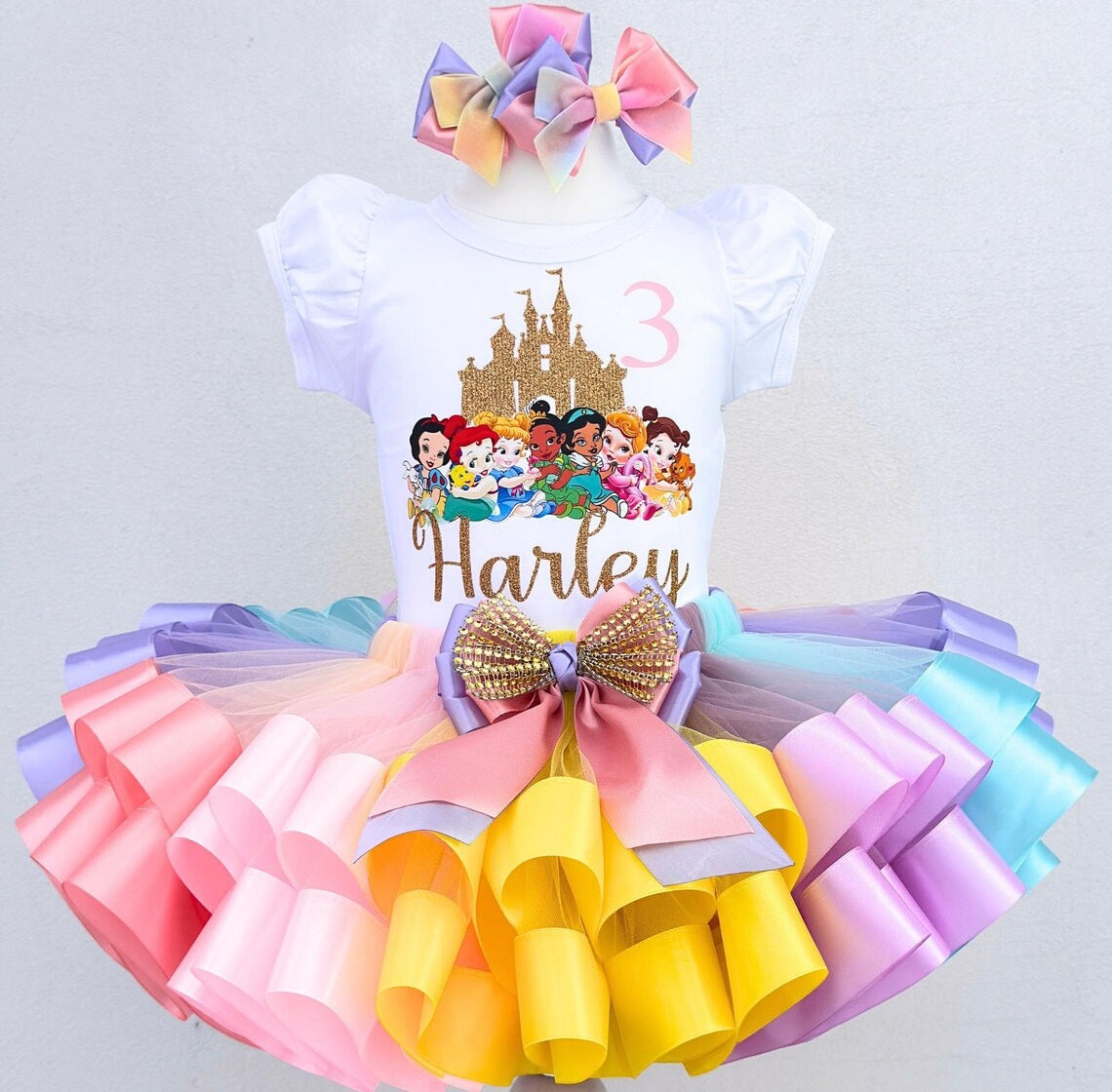 Baby Princesses Tutu Set Girls Personalized Custom Pink Blue Purple Yellow Ribbon Sewn Trim Tutu Outfit Dress Theme Cake Smash Birthday Party