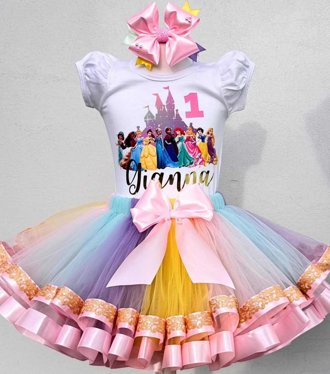 Princesses Tutu Set Girls Personalized Custom Pink Blue Purple Yellow Ribbon Sewn Trim Tutu Outfit Dress Theme Cake Smash Birthday Party