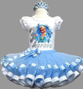 Princess Elsa Tutu Set Girls Personalized Custom Blue Silver Ribbon Sewn Trim Tutu Outfit Dress Theme Cake Smash Birthday Party