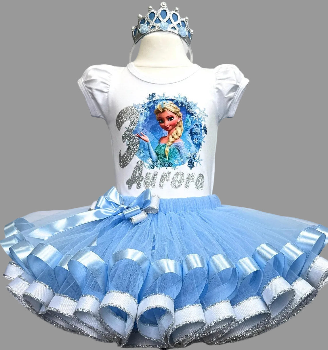 Princess Elsa Tutu Set Girls Personalized Custom Blue Silver Ribbon Sewn Trim Tutu Outfit Dress Theme Cake Smash Birthday Party