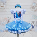 Frozen Elsa Anna Olaf Sven Tutu Set Girls Personalized Custom Silver Blue Flower Ribbon Sewn Trim Tutu Outfit Dress Theme Cake Smash Birthday Party