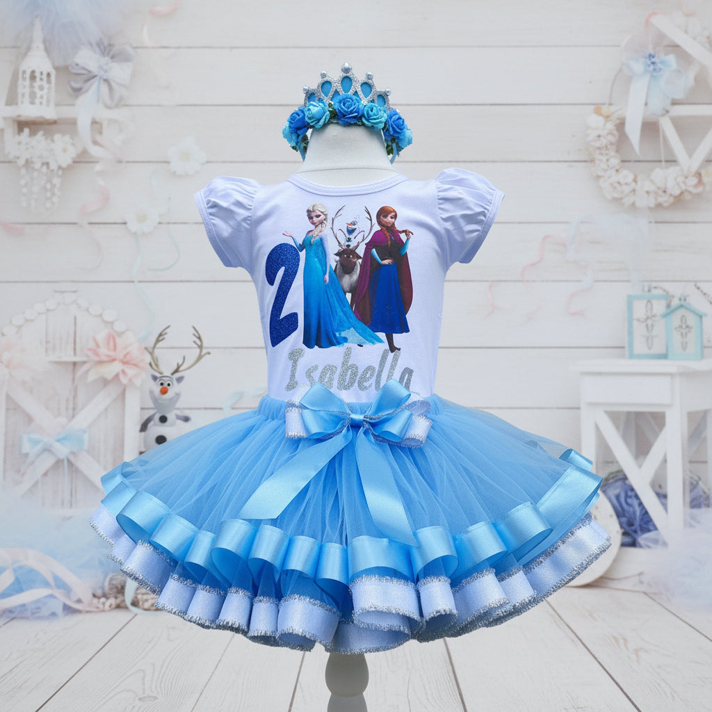 Frozen Elsa Anna Olaf Sven Tutu Set Girls Personalized Custom Silver Blue Flower Ribbon Sewn Trim Tutu Outfit Dress Theme Cake Smash Birthday Party