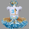 Pocahontas Princess Tutu Set Girls Personalized Custom Blue Gold Ribbon Sewn Trim Tutu Outfit Dress Theme Cake Smash Birthday Party
