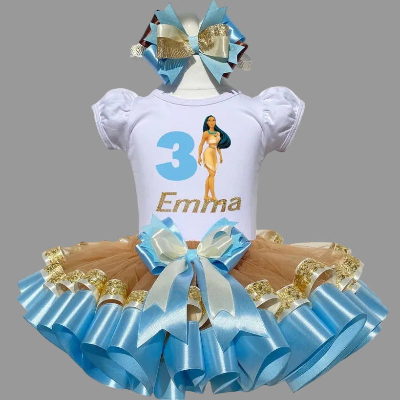 Pocahontas Princess Tutu Set Girls Personalized Custom Blue Gold Ribbon Sewn Trim Tutu Outfit Dress Theme Cake Smash Birthday Party