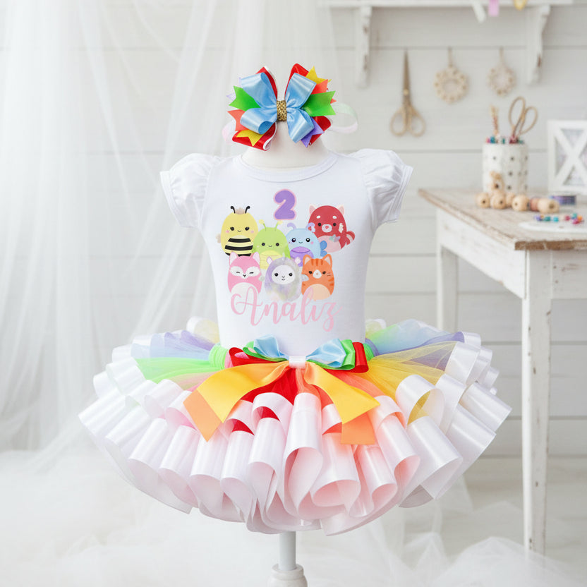 Squishmallows Tutu Set Girls Personalized Custom Multicolor Ribbon Sewn Trim Tutu Outfit Dress Theme Cake Smash Birthday Party