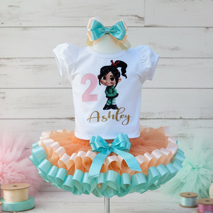 Wreck it Ralph Vanellope Tutu Set Girls Personalized Custom Orange aqua Blue Ribbon Sewn Trim Tutu Outfit Dress Theme Cake Smash Birthday Party