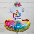 Word Party Animals Tutu Set Girls Personalized Custom Multicolor Ribbon Sewn Trim Tutu Outfit Dress Theme Cake Smash Birthday Party