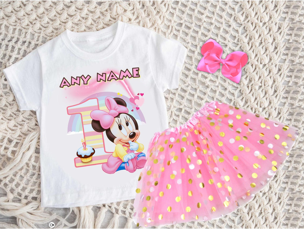 Baby Minnie Tutu Set Girls Personalized Custom Pink Gold Polka Dots Tutu Outfit Dress Theme Cake Smash Birthday Party