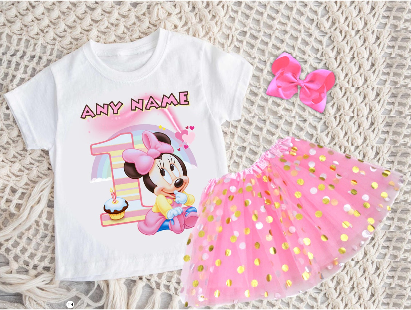 Baby Minnie Tutu Set Girls Personalized Custom Pink Gold Polka Dots Tutu Outfit Dress Theme Cake Smash Birthday Party