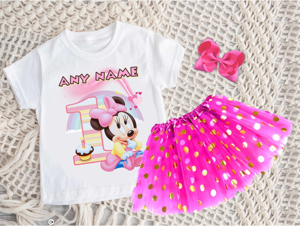 Baby Minnie Tutu Set Girls Personalized Custom Hot Pink Gold Polka Dots Tutu Outfit Dress Theme Cake Smash Birthday Party