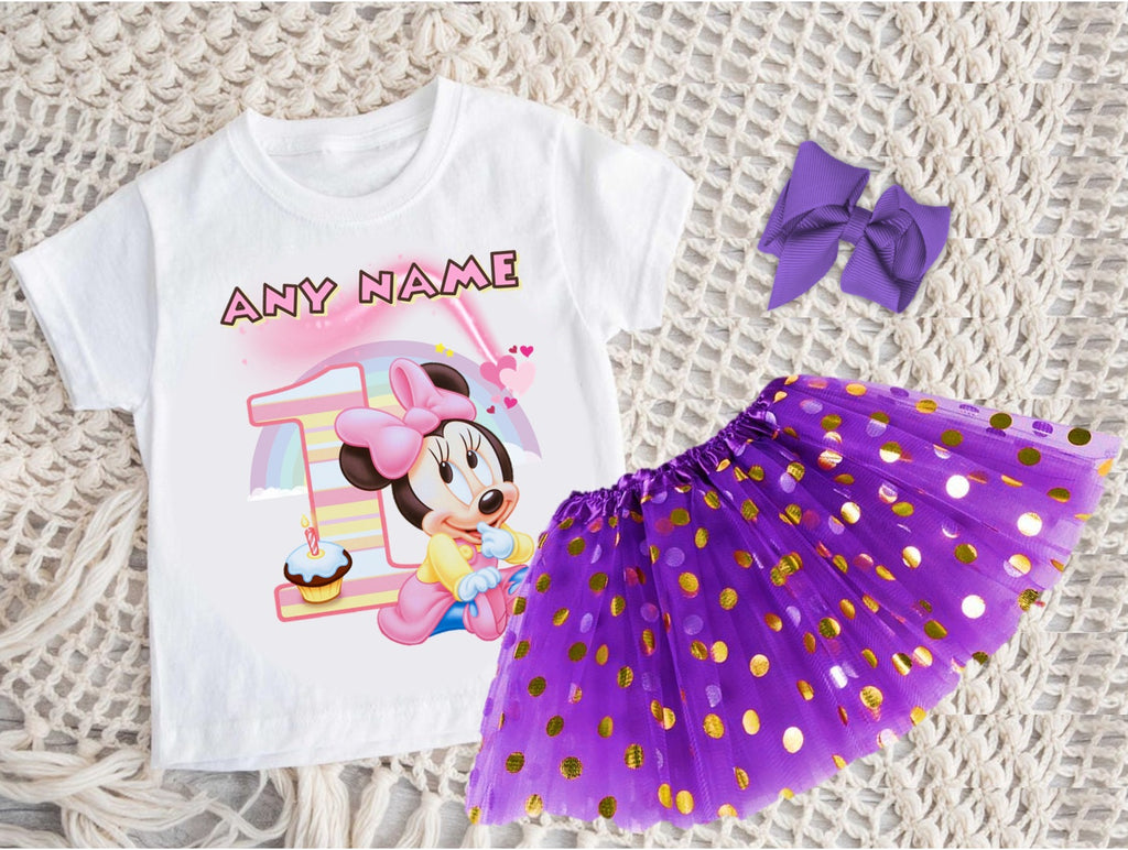 Baby Minnie Tutu Set Girls Personalized Custom Purple Gold Polka Dots Tutu Outfit Dress Theme Cake Smash Birthday Party