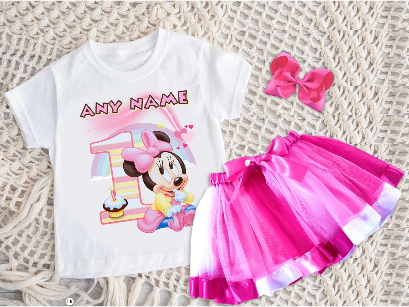 Baby Minnie Tutu Set Girls Personalized Custom Hot Pink White Pink Ribbon Tutu Outfit Dress Theme Cake Smash Birthday Party