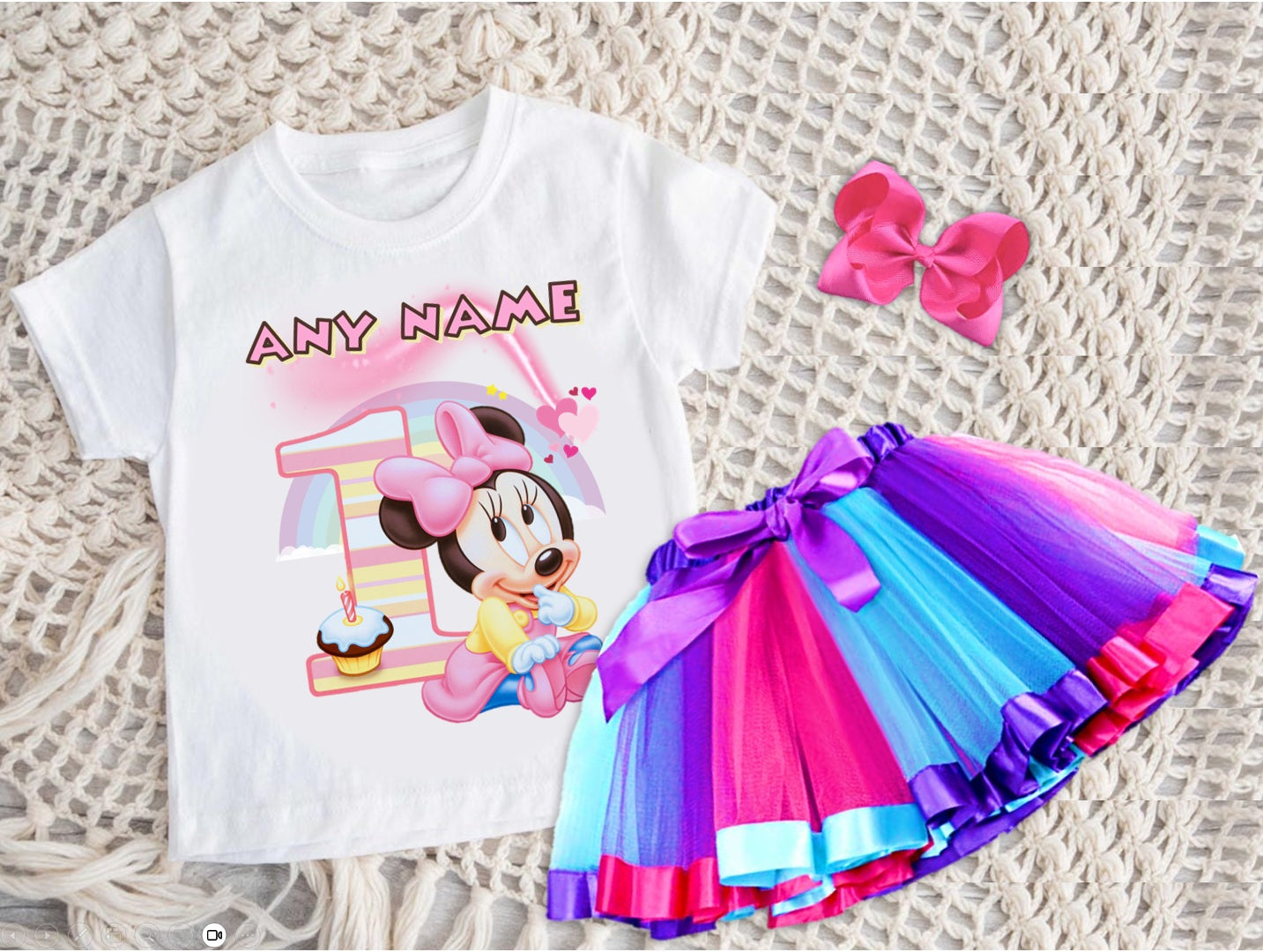 Baby Minnie Tutu Set Girls Personalized Custom Hot Pink Blue Purple Ribbon Tutu Outfit Dress Theme Cake Smash Birthday Party
