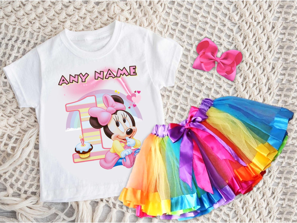 Baby Minnie Tutu Set Girls Personalized Custom Rainbow Ribbon Tutu Outfit Dress Theme Cake Smash Birthday Party