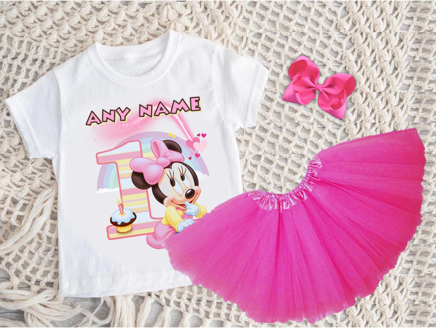 Baby Minnie Tutu Set Girls Personalized Custom Hot Pink 3 Layer Tutu Outfit Dress Theme Cake Smash Birthday Party