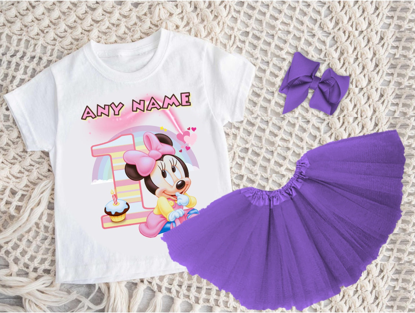Baby Minnie Tutu Set Girls Personalized Custom Purple 3 Layer Tutu Outfit Dress Theme Cake Smash Birthday Party