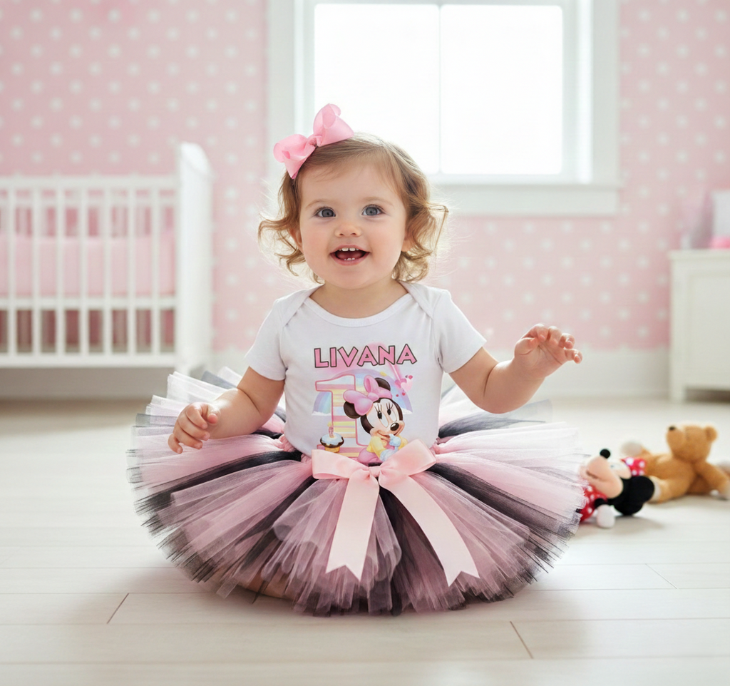 Baby Minnie Tutu Set Girls Personalized Custom Black Pink Tutu Outfit Dress Theme Cake Smash Birthday Party