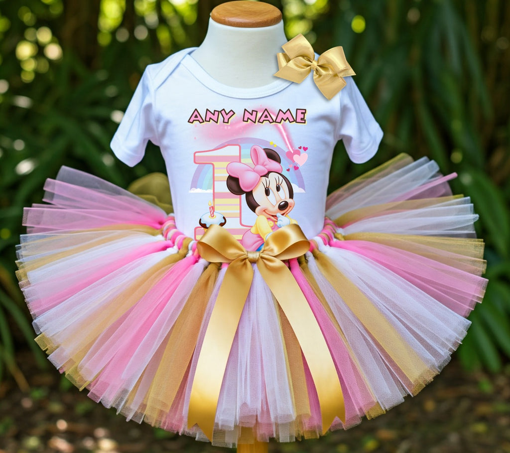 Baby Minnie Tutu Set Girls Personalized Custom Gold White Pink Tutu Outfit Dress Theme Cake Smash Birthday Party