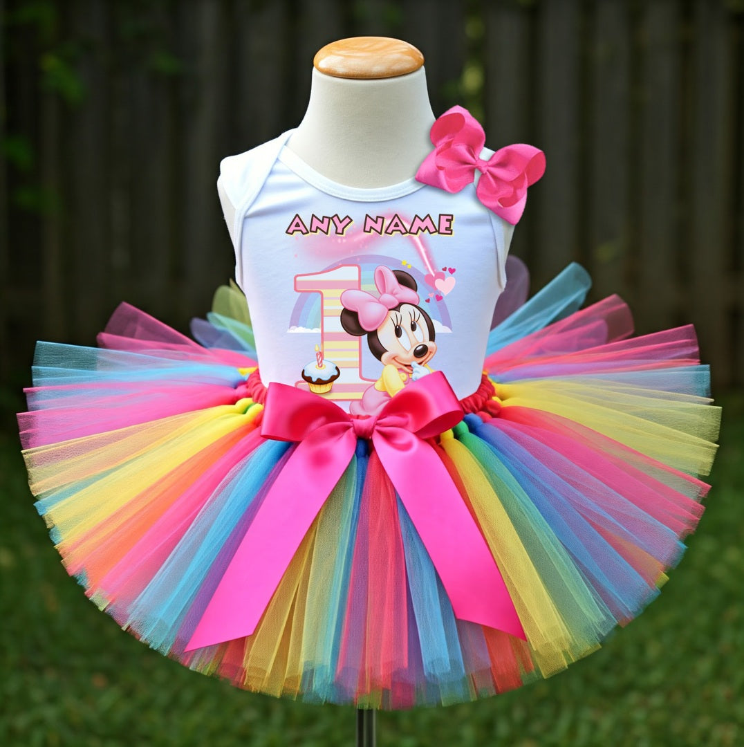 Baby Minnie Tutu Set Girls Personalized Custom Rainbow Tutu Outfit Dress Theme Cake Smash Birthday Party