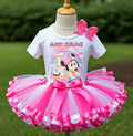 Baby Minnie Tutu Set Girls Personalized Custom Hot Pink White Pink Ribbon Sewn Trim Tutu Outfit Dress Theme Cake Smash Birthday Party