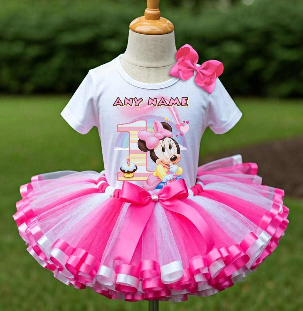Baby Minnie Tutu Set Girls Personalized Custom Hot Pink White Pink Ribbon Sewn Trim Tutu Outfit Dress Theme Cake Smash Birthday Party