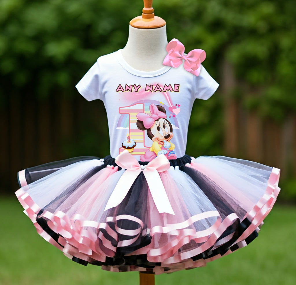 Baby Minnie Tutu Set Girls Personalized Custom Black White Pink Ribbon Sewn Trim Tutu Outfit Dress Theme Cake Smash Birthday Party