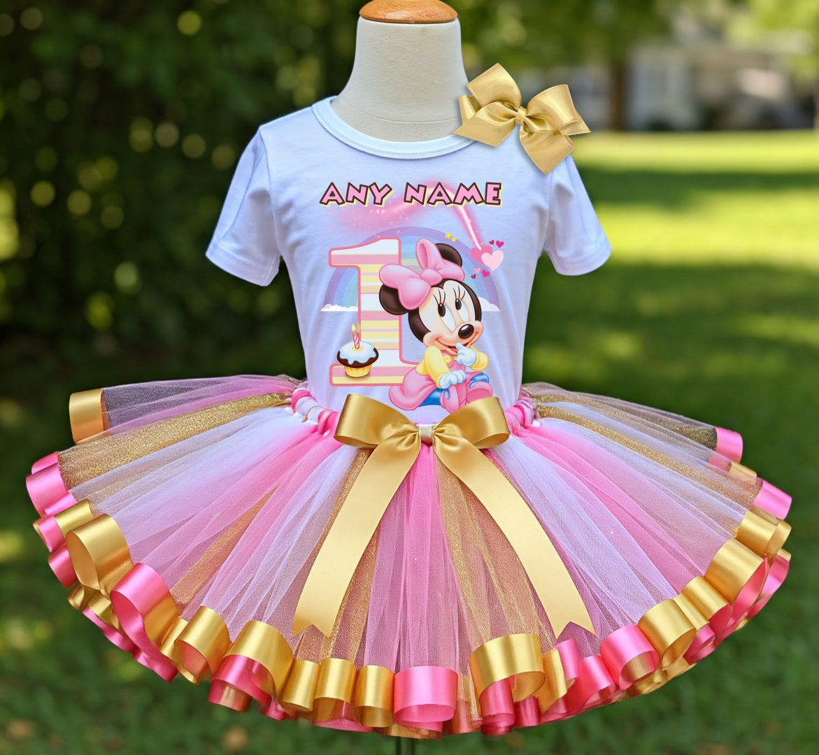 Baby Minnie Tutu Set Girls Personalized Custom Gold White Pink Ribbon Sewn Trim Tutu Outfit Dress Theme Cake Smash Birthday Party