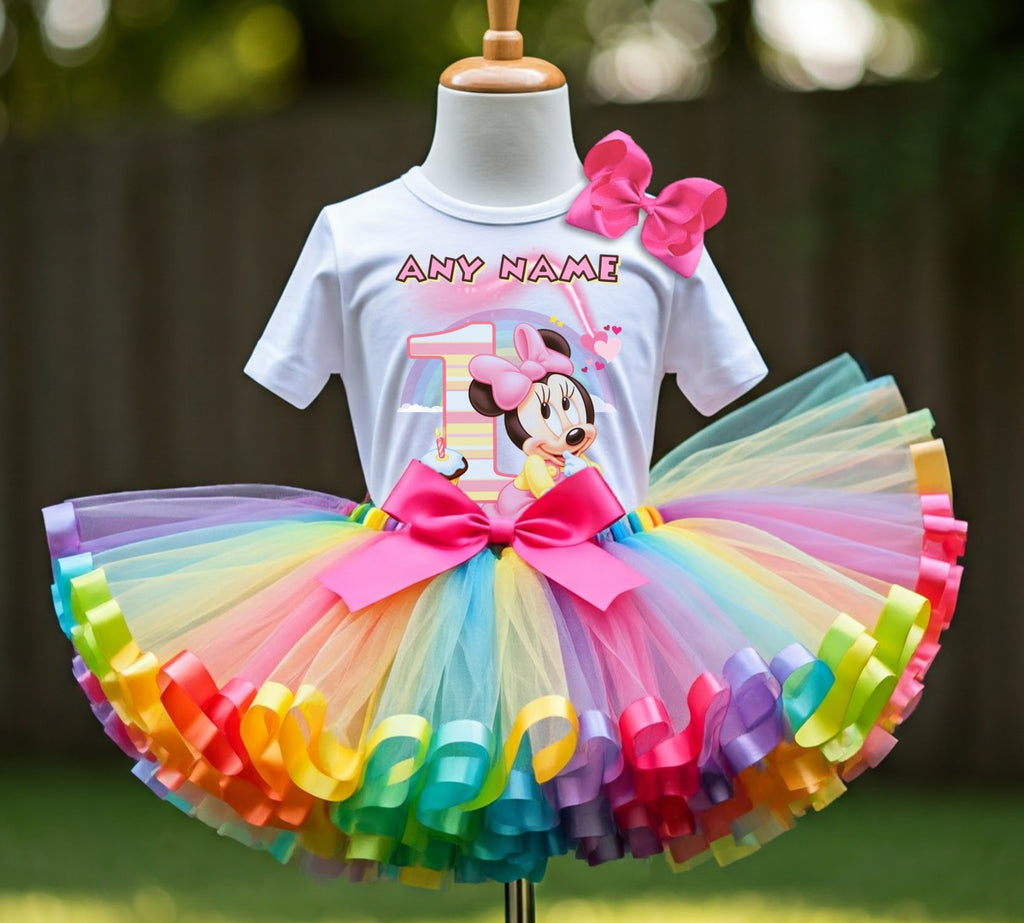 Baby Minnie Tutu Set Girls Personalized Custom Rainbow Ribbon Sewn Trim Tutu Outfit Dress Theme Cake Smash Birthday Party