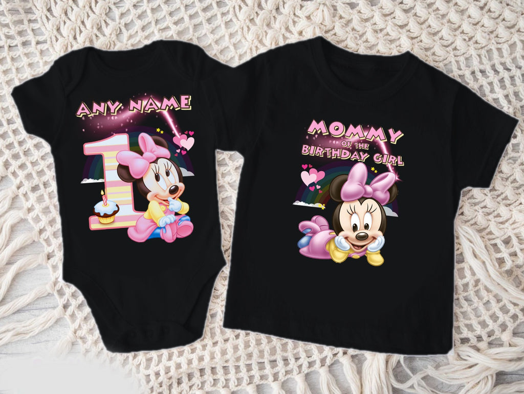 Baby Minnie Personalized Custom Black Family T-Shirt or Onesie Pack Theme Cake Smash Birthday Party