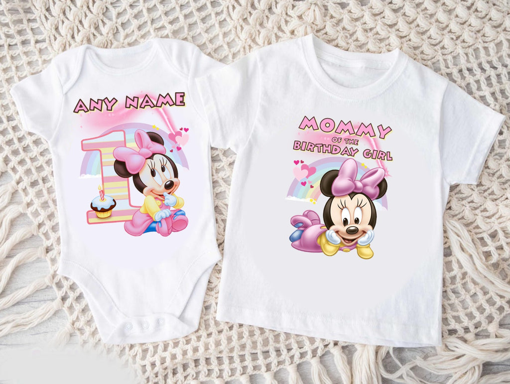 Baby Minnie Personalized Custom White Family T-Shirt or Onesie Pack Theme Cake Smash Birthday Party