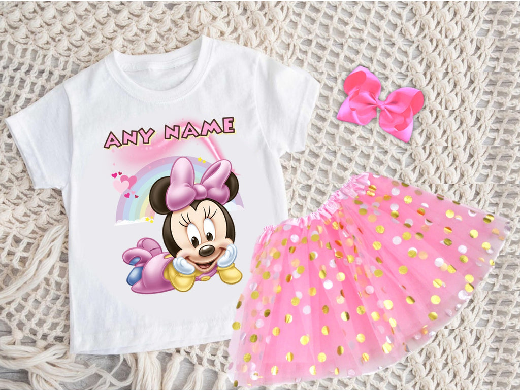 Baby Minnie Tutu Set Girls Personalized Custom Pink Gold Polka Dots Tutu Outfit Dress Theme Cake Smash Party