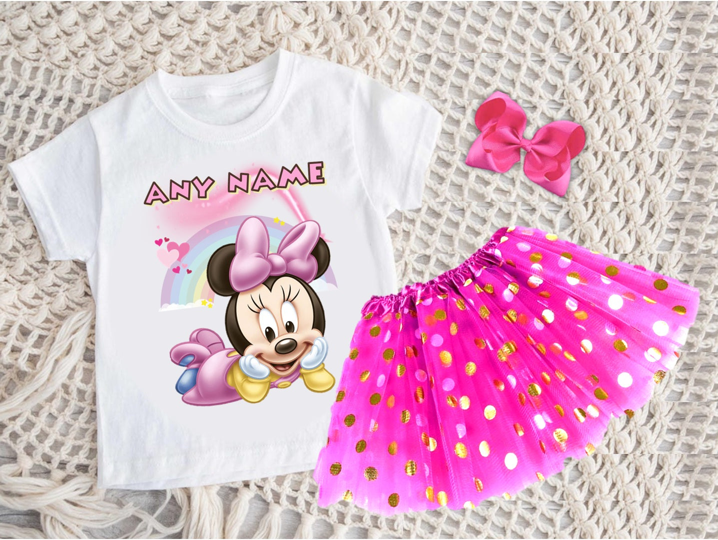 Baby Minnie Tutu Set Girls Personalized Custom Hot Pink Gold Polka Dots Tutu Outfit Dress Theme Cake Smash Party