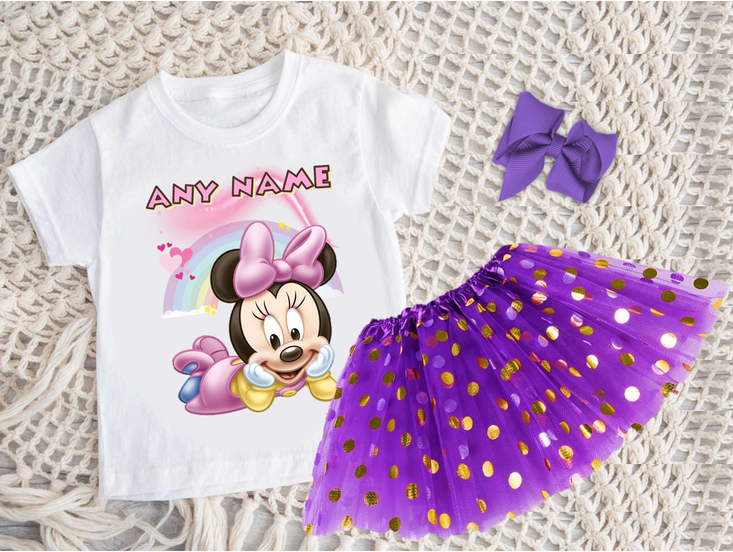 Baby Minnie Tutu Set Girls Personalized Custom Purple Gold Polka Dots Tutu Outfit Dress Theme Cake Smash Party