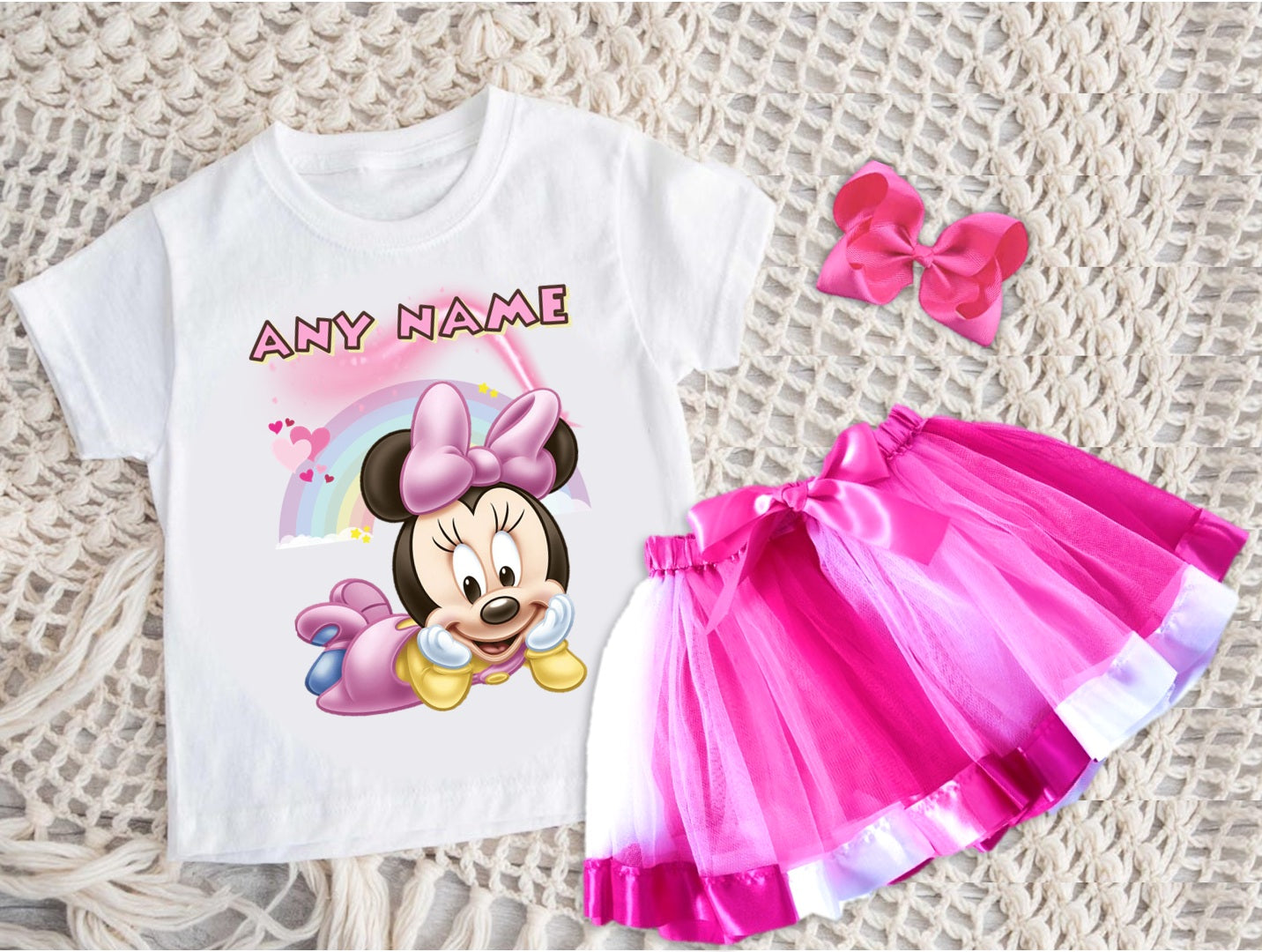 Baby Minnie Tutu Set Girls Personalized Custom Hot Pink White Pink Ribbon Tutu Outfit Dress Theme Cake Smash Party