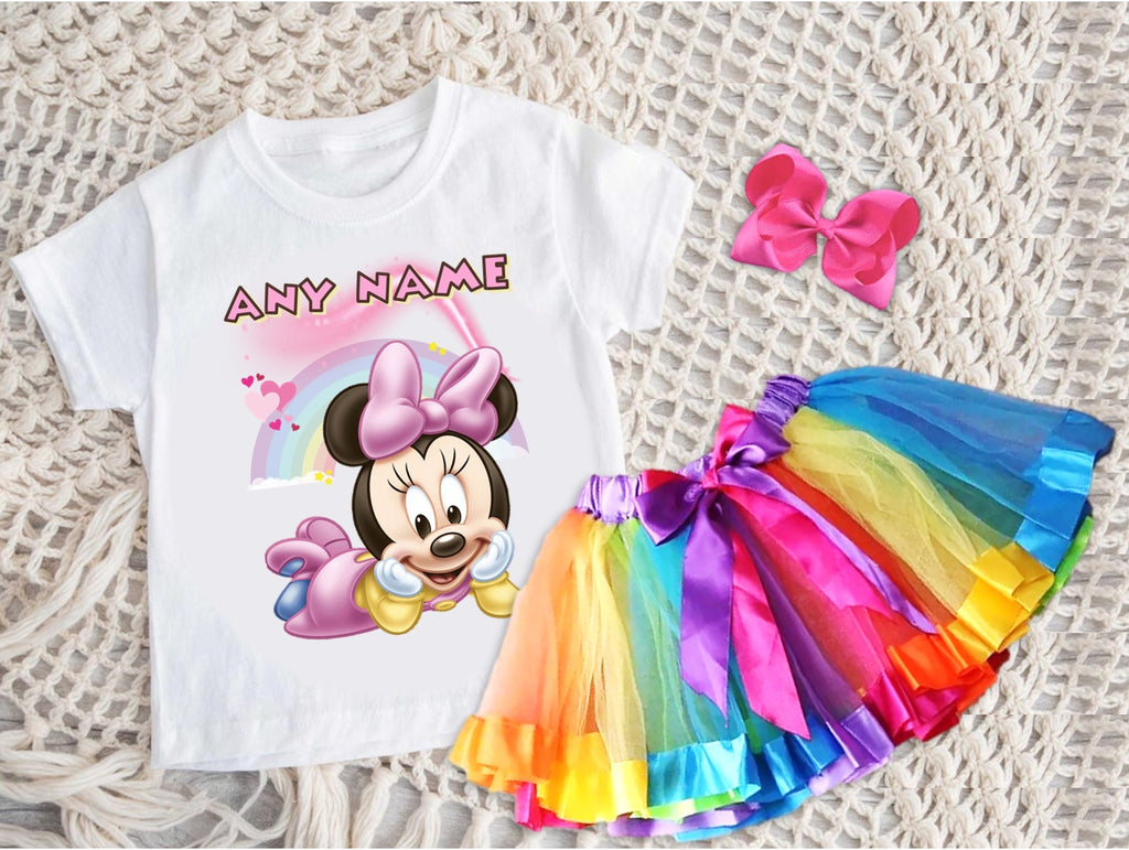 Baby Minnie Tutu Set Girls Personalized Custom Rainbow Ribbon Tutu Outfit Dress Theme Cake Smash Party