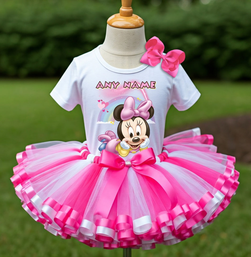 Baby Minnie Tutu Set Girls Personalized Custom Hot Pink White Pink Ribbon Sewn Trim Tutu Outfit Dress Theme Cake Smash Party