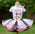 Baby Minnie Tutu Set Girls Personalized Custom Black White Pink Ribbon Sewn Trim Tutu Outfit Dress Theme Cake Smash Party
