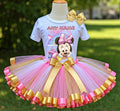 Baby Minnie Tutu Set Girls Personalized Custom Gold White Pink Ribbon Sewn Trim Tutu Outfit Dress Theme Cake Smash Party