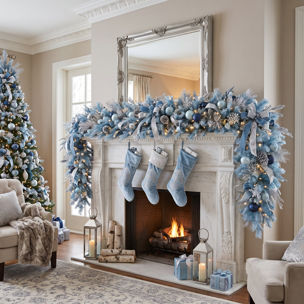 8-Foot Pre-Lit Royal Blue and Frosted Silver Luxury Artificial Holiday Garland Christmas Decor