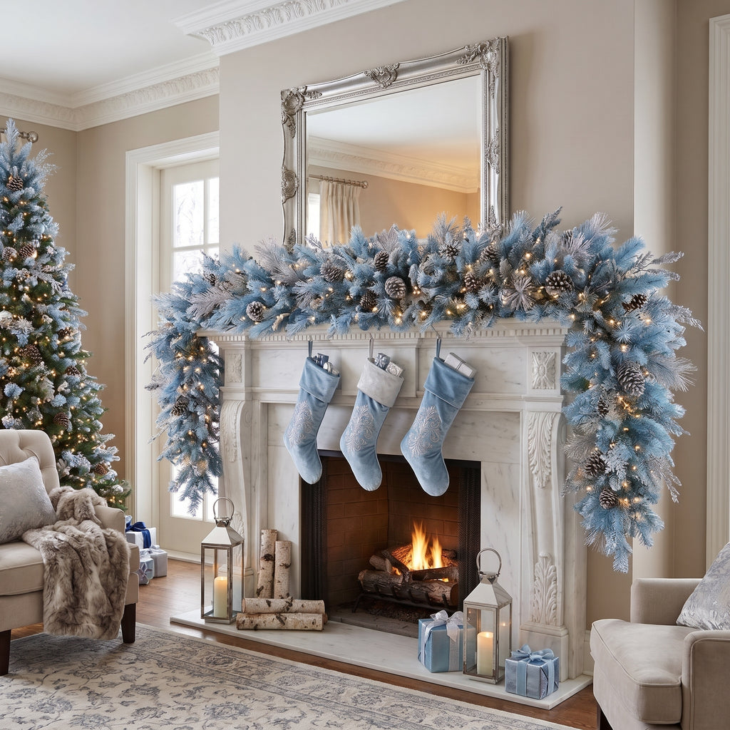 8-Foot Pre-Lit Royal Blue and Frosted Silver Luxury Artificial Holiday Garland Christmas Decor