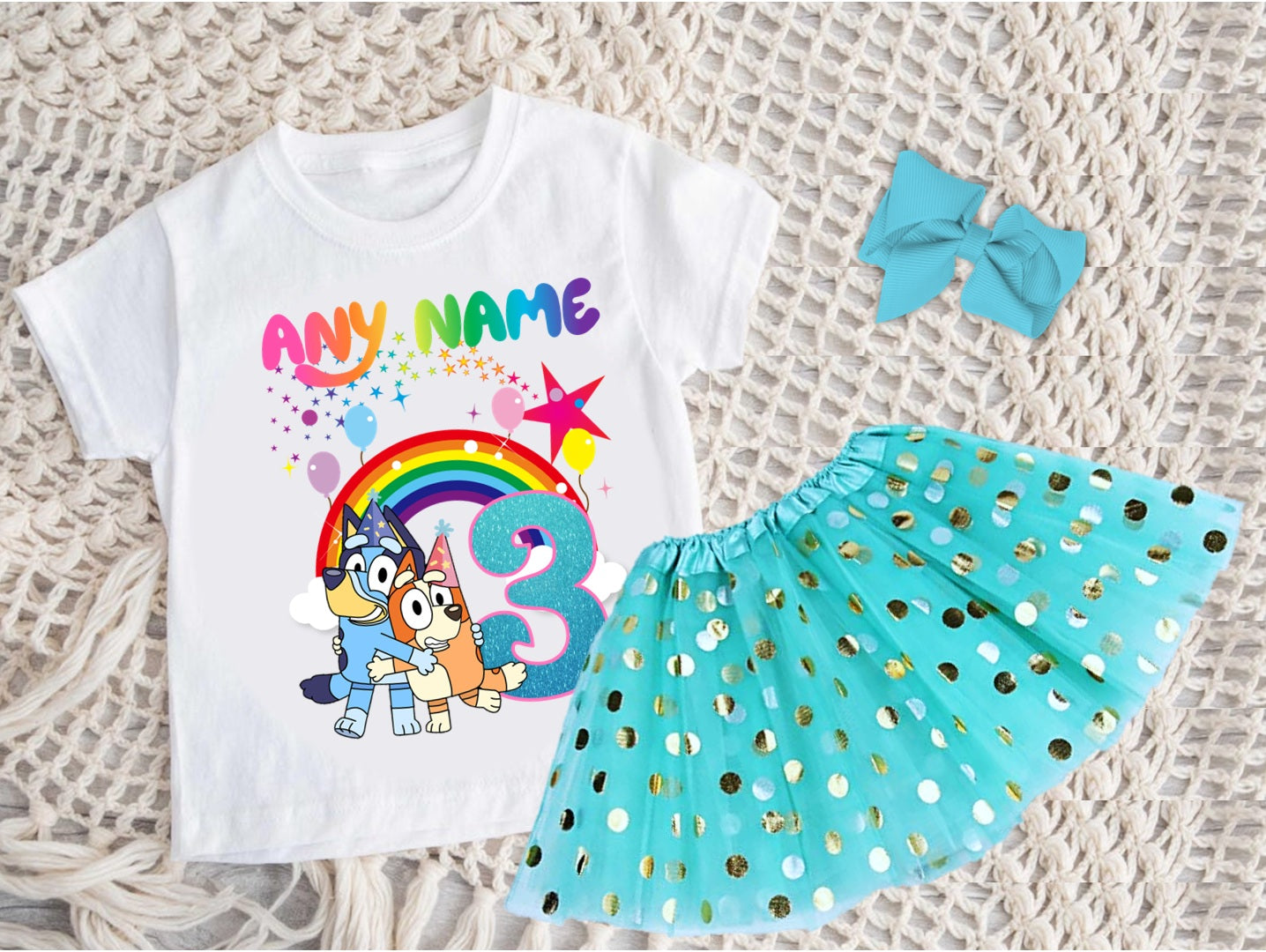 Bluey and Bingo Hug Tutu Set Girls Personalized Custom Aqua Blue Gold Polka Dots Tutu Outfit Dress Theme Cake Smash Birthday Party
