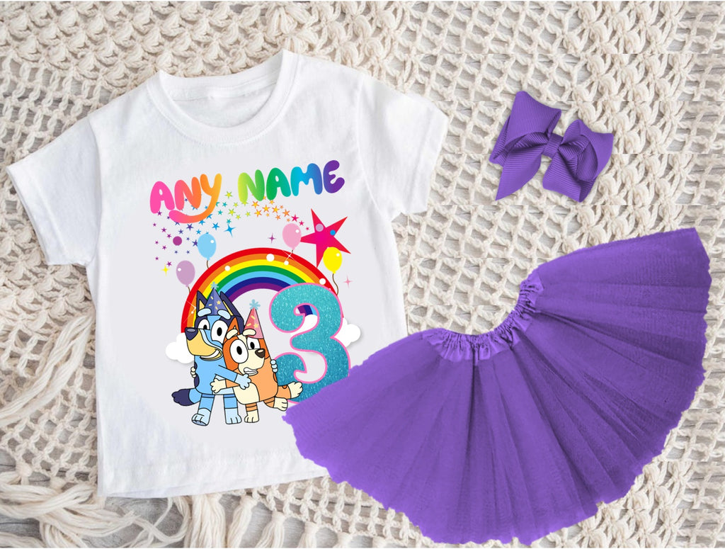 Bluey and Bingo Hug Tutu Set Girls Personalized Custom Purple 3 Layer Tutu Outfit Dress Theme Cake Smash Birthday Party