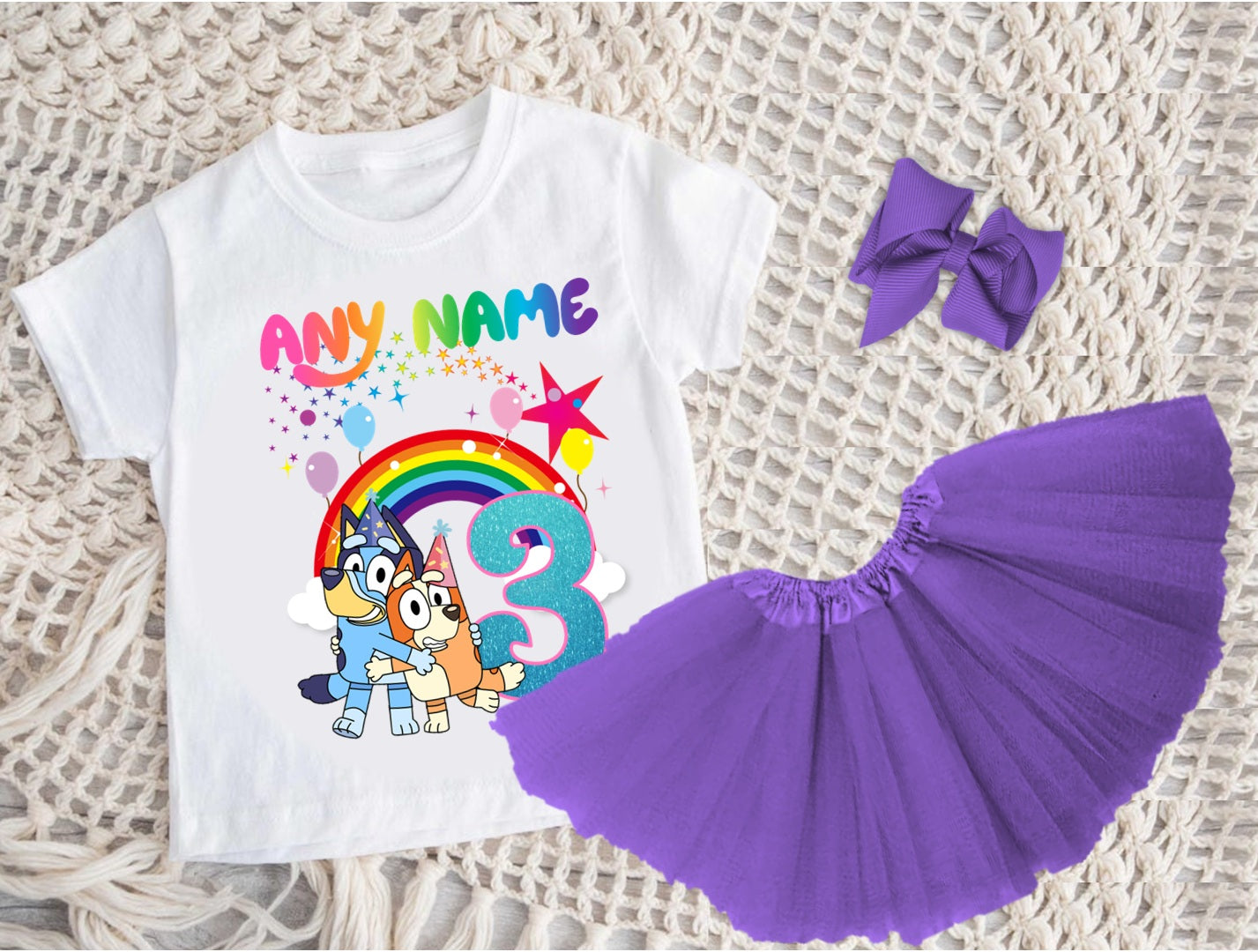 Bluey and Bingo Hug Tutu Set Girls Personalized Custom Purple 3 Layer Tutu Outfit Dress Theme Cake Smash Birthday Party